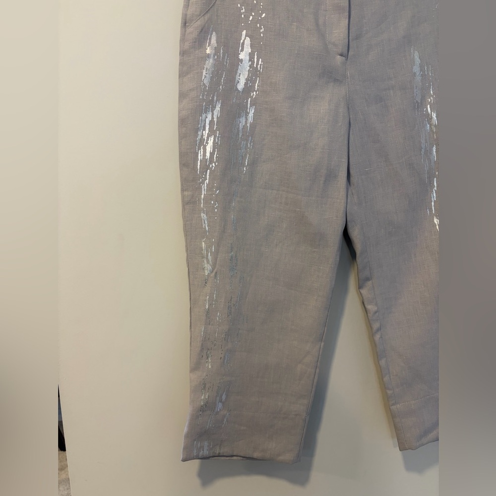 Maloka Pearl Grey 💯 Linen Capris With Silver Foil Accent NWT! - Picture 2 of 10